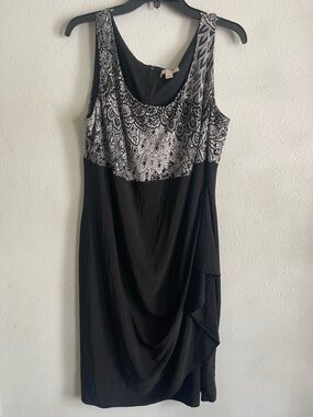 Black Midi Dress with White Patterned Bodice